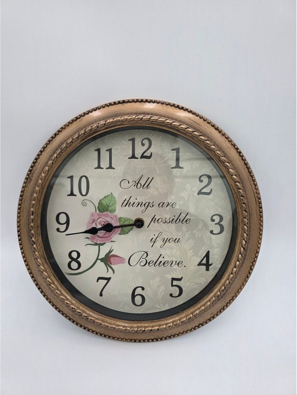 Vintage Style Round Wall Clock with Inspirational Quote and Rose Design